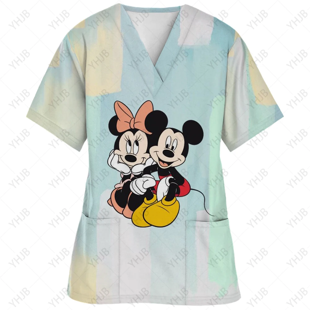 Disney-Women\'s Minnie Mickey Print Nursing Scrubs T-Shirt, Casual Tops, Short Sleeve, V-neck Pocket, Women Uniform