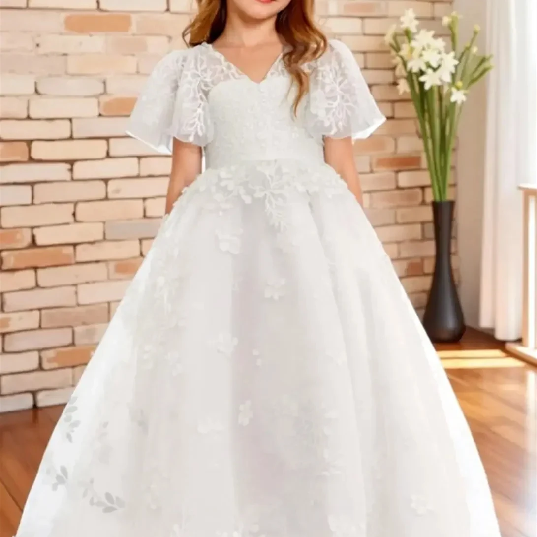 

Customized White Flower Girl Dress For Wedding Appliques Pearls Short Sleeve Floor Length Kids Birthday First Communion Gown