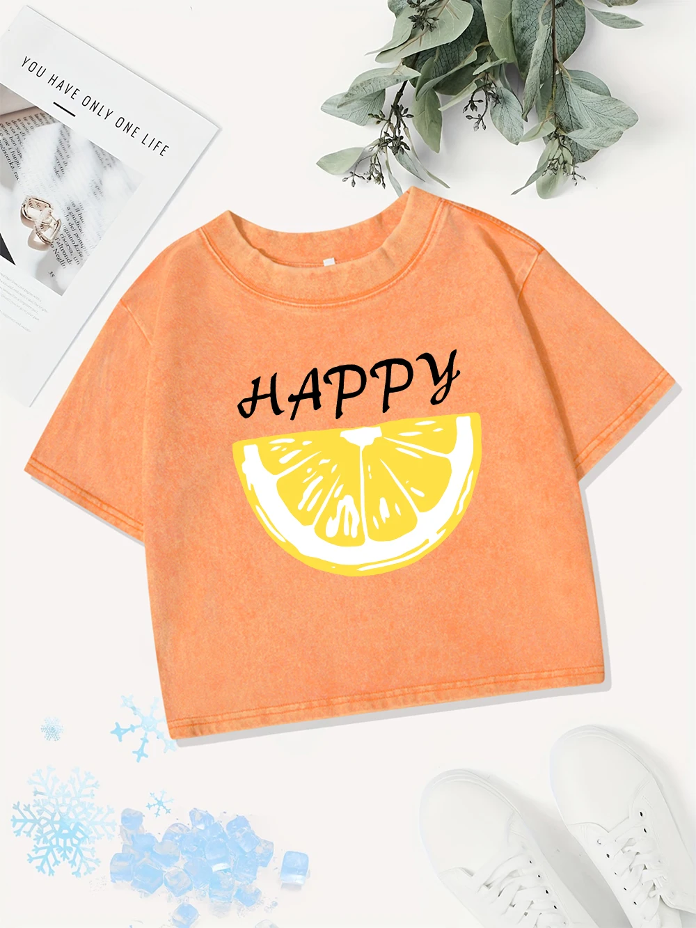 

Casual Cotton Crop Tops Women Happy Lemon Printing Washed T-Shirts Summer Regular Fit O-Neck Streetwear Street Womans Clothes