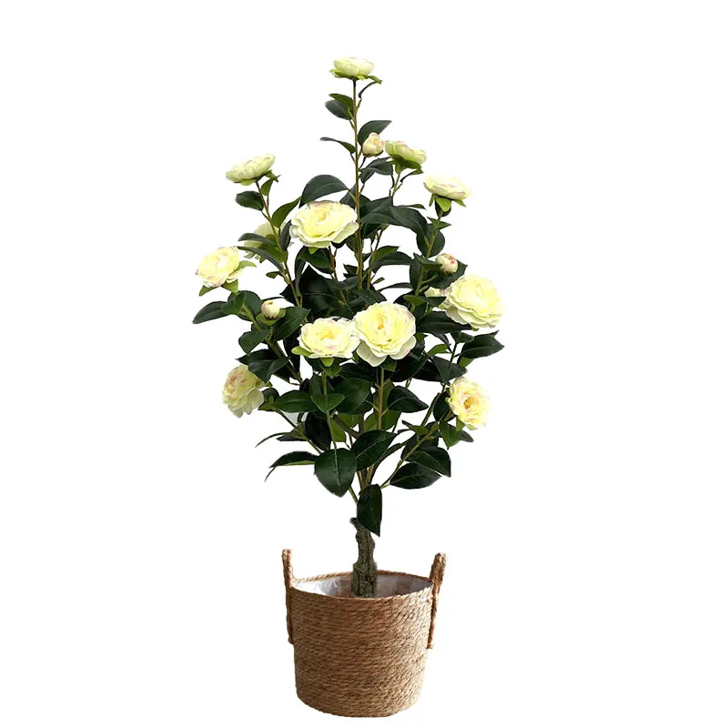 90cm Artificial Camellia Flower Fake Plants Artificial Tree Faux Floral Plant Green Leafs Without pot For Indoor Outdoor Decor