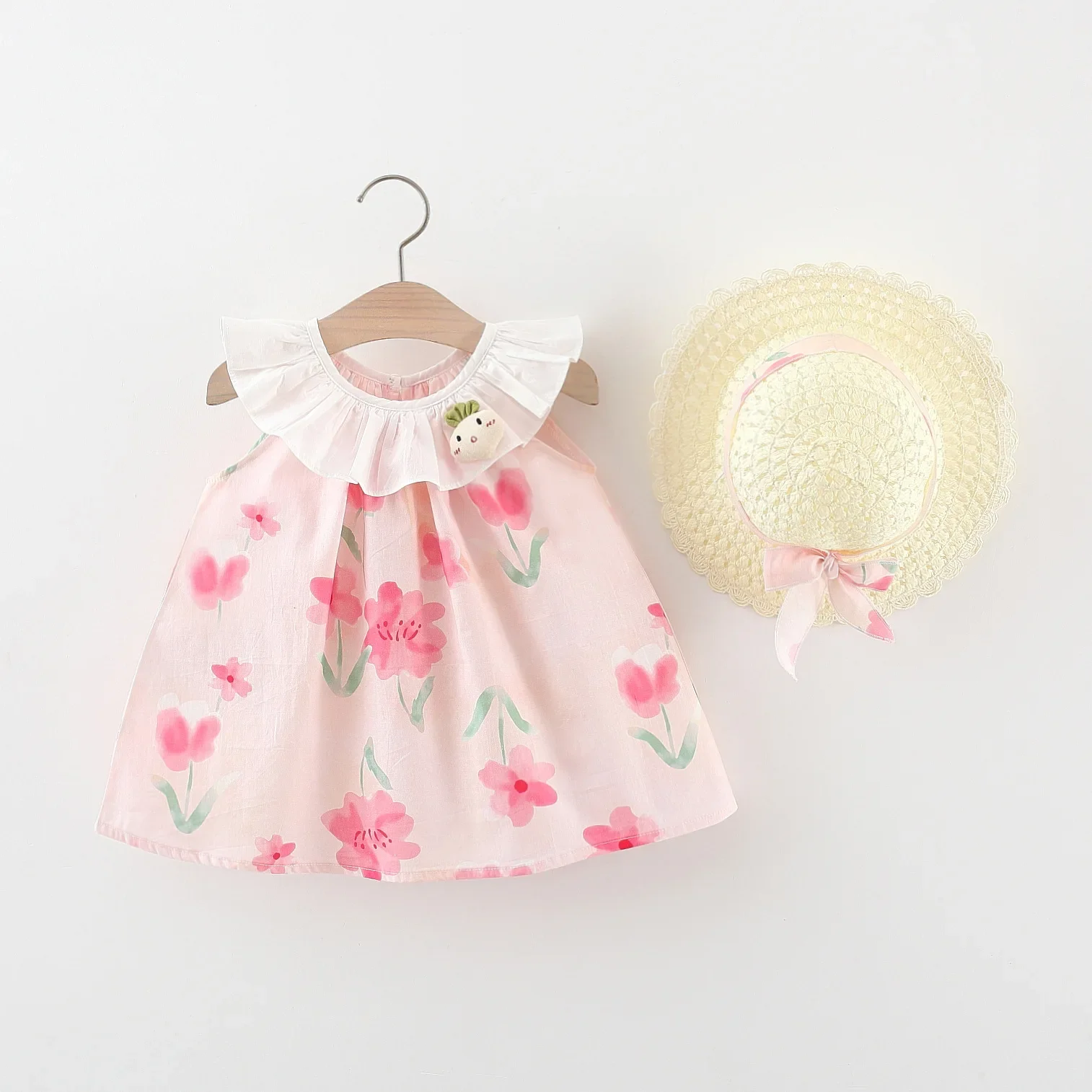 Summer Cotton Carrot Lapel Flower Baby Girl Dress Cute Lapel Sleeveless Girl Princess Dress With Hat