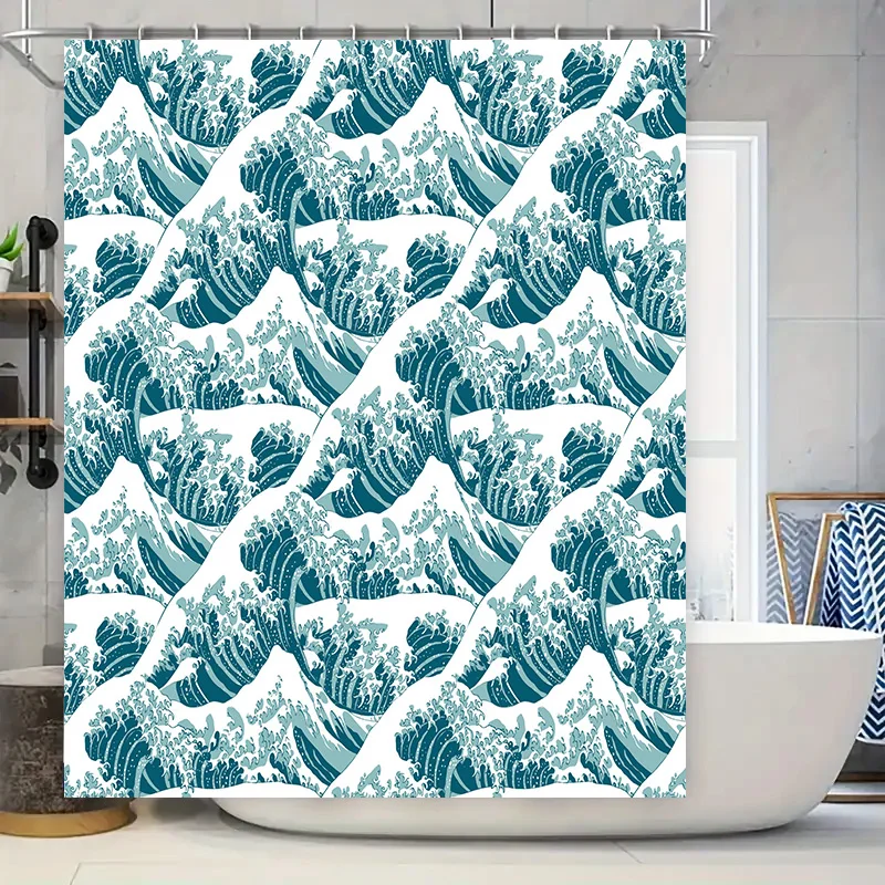 

Уникальная сине-белая занавеска для душа с океанской волной для декора ванной комнаты, водонепроницаемый тканевый коврик с принтом и набором колец (180x245c