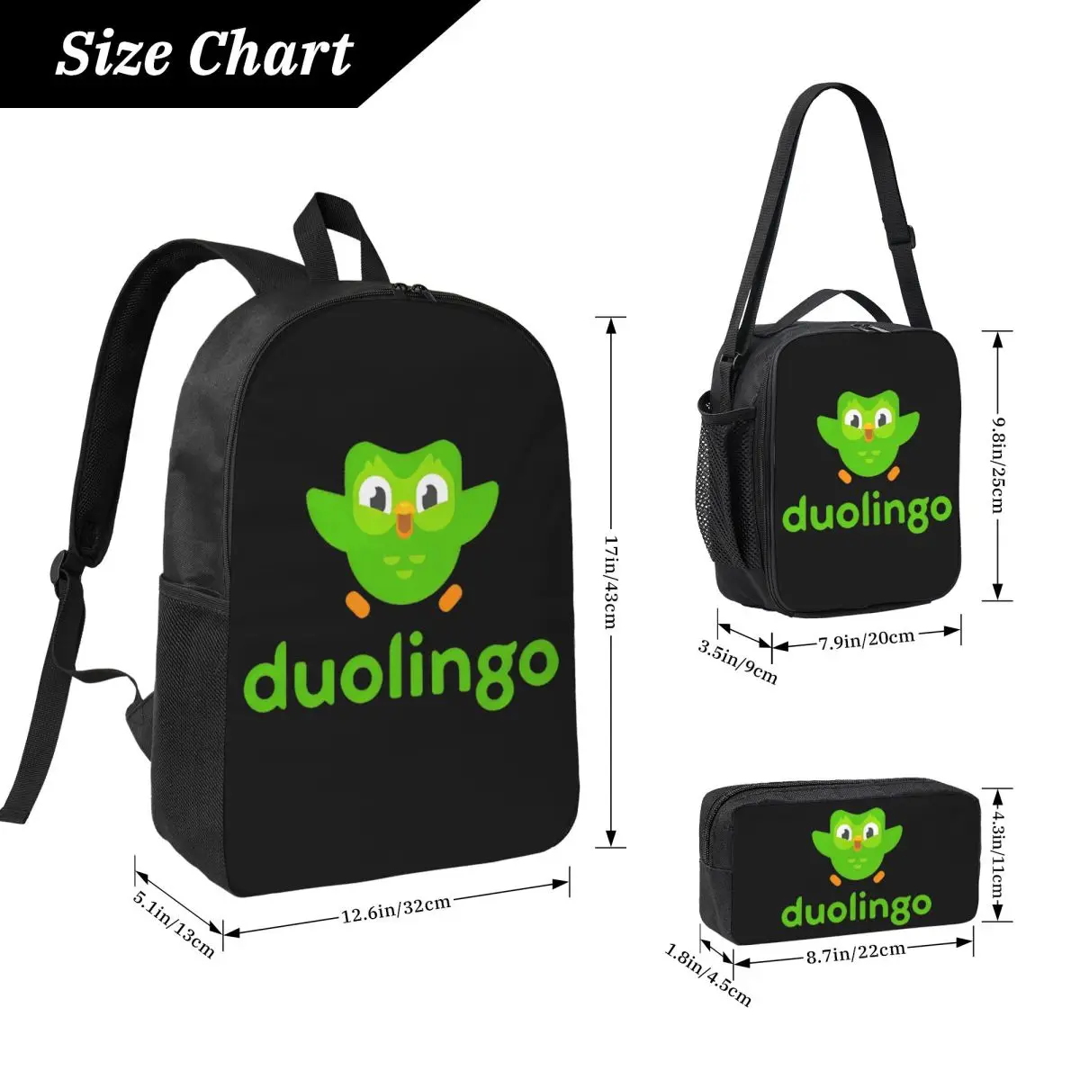 Duolingo Duo 3pcs/set Ransel untuk Siswa Owl High School Daypack Tas Makan Siang Kotak Pensil