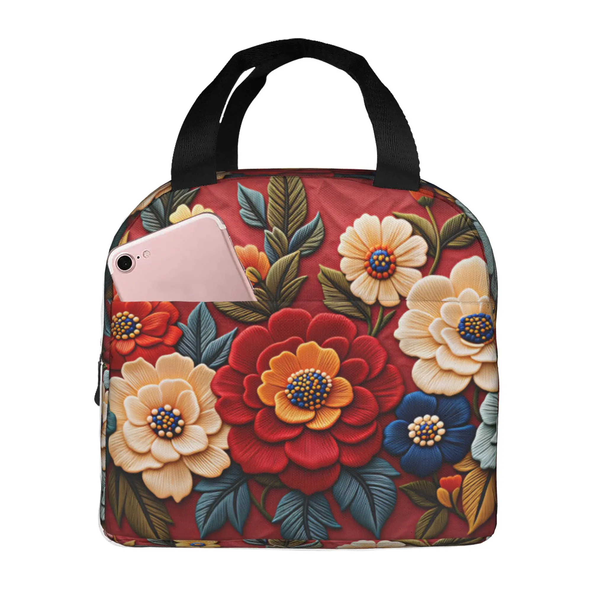 Luxury High Blooming Various 3D Peonies Floral Insulated Lunch Bag for Work School Floral Portable Thermal Cooler Bento Box