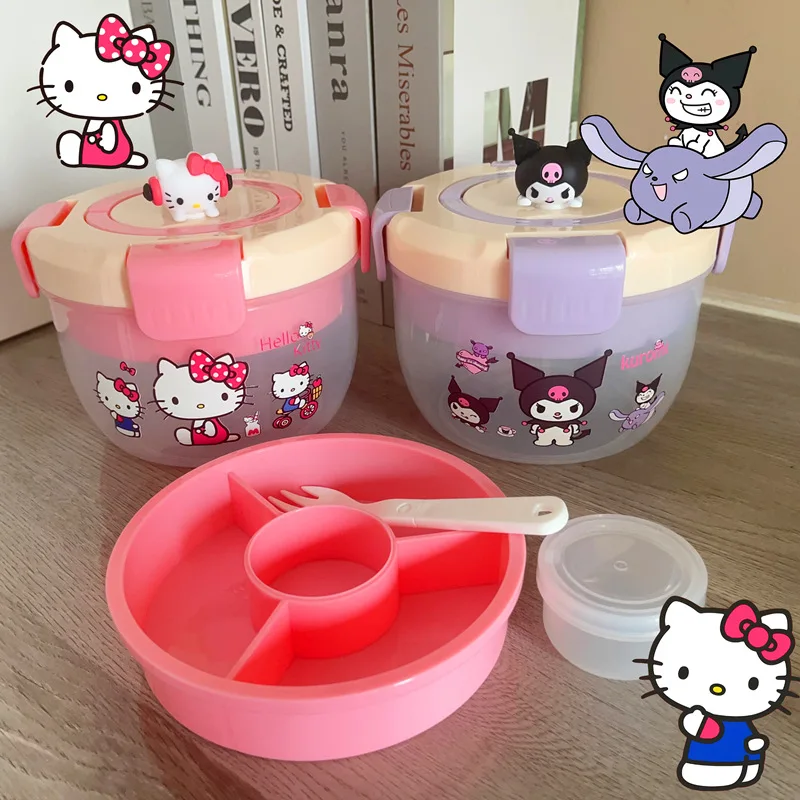 Popular Circular Cartoon Sanrio Kuromi Kt Bento Box Convenient Lunch Box For Going Out Fruit Vegetable Salad Box Pp High-Quality