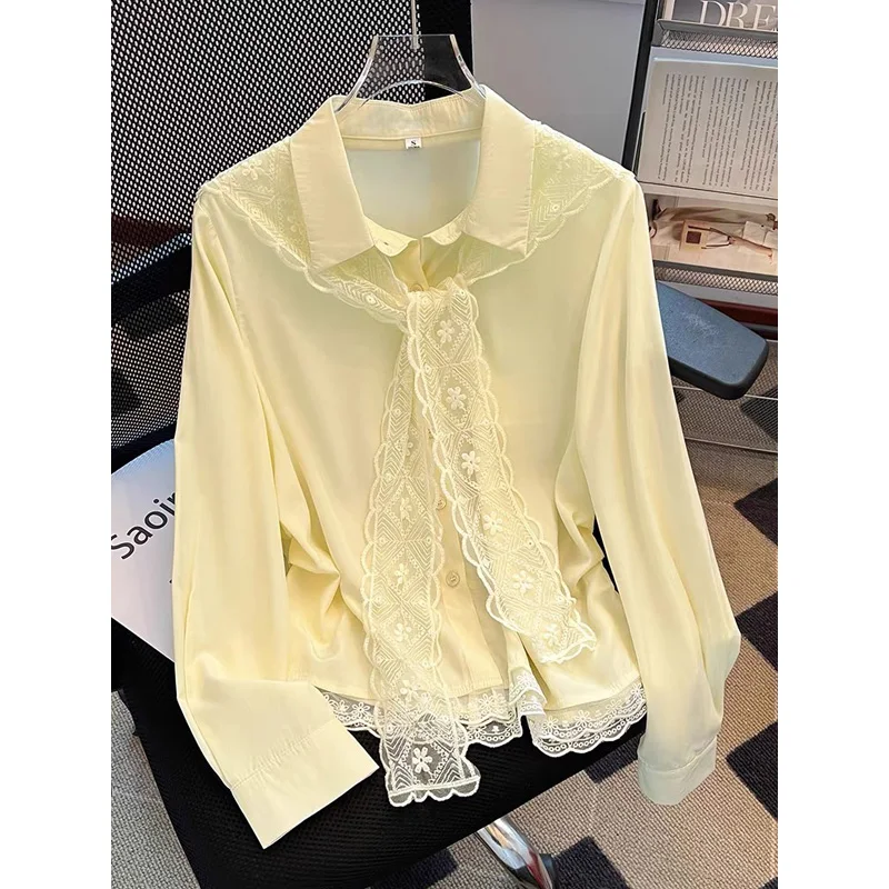 

Deeptown Sweet Butter Yellow Women Blouses Elegant Sweet Lace Up White Blue Two Piece Shirts Coquette Long Sleeve Shirt Cardigan