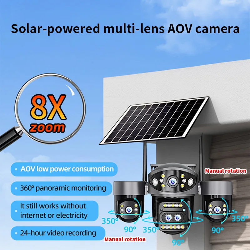6MP V380pro APP Solar Power Triple Lens  AOV  4G/WIFI  Camera Full Color AI Humanoid Detection Home Security CCTV Baby  Monitor