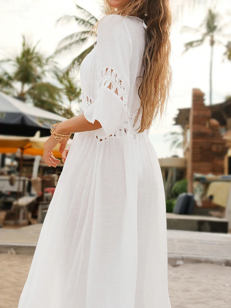 Vestido de verano de ganchillo, traje de baño bohemio para playa, blusa larga con cordones, vestido de playa tipo kimono con abertura en la parte delantera
