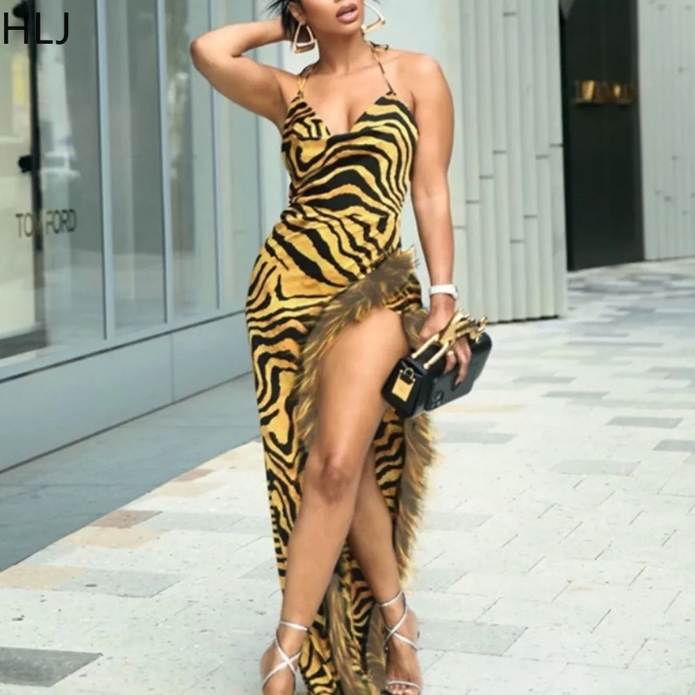 

HLJ Sexy High Slit Feather Splicing Leopard Print Suspenders Dress Women Deep V Strap Sleeveless Bodycon Nightclub Vestidos 2024