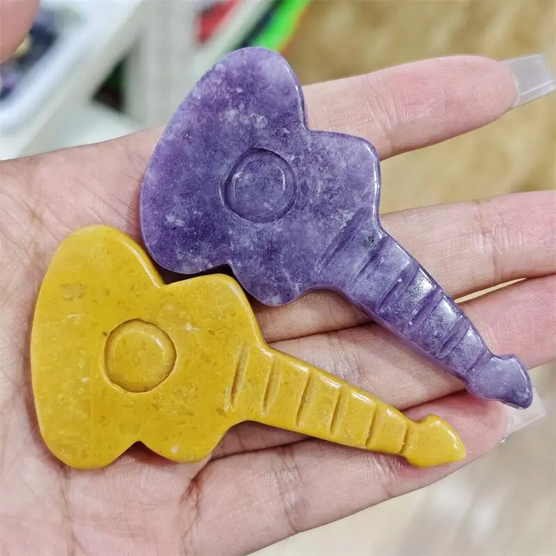 Natural Purple Mica Yellow Quartz Guitar Carving Crystals Crafts As Halloween Ornaments Gifts Or Home Room Decoration 1pcs