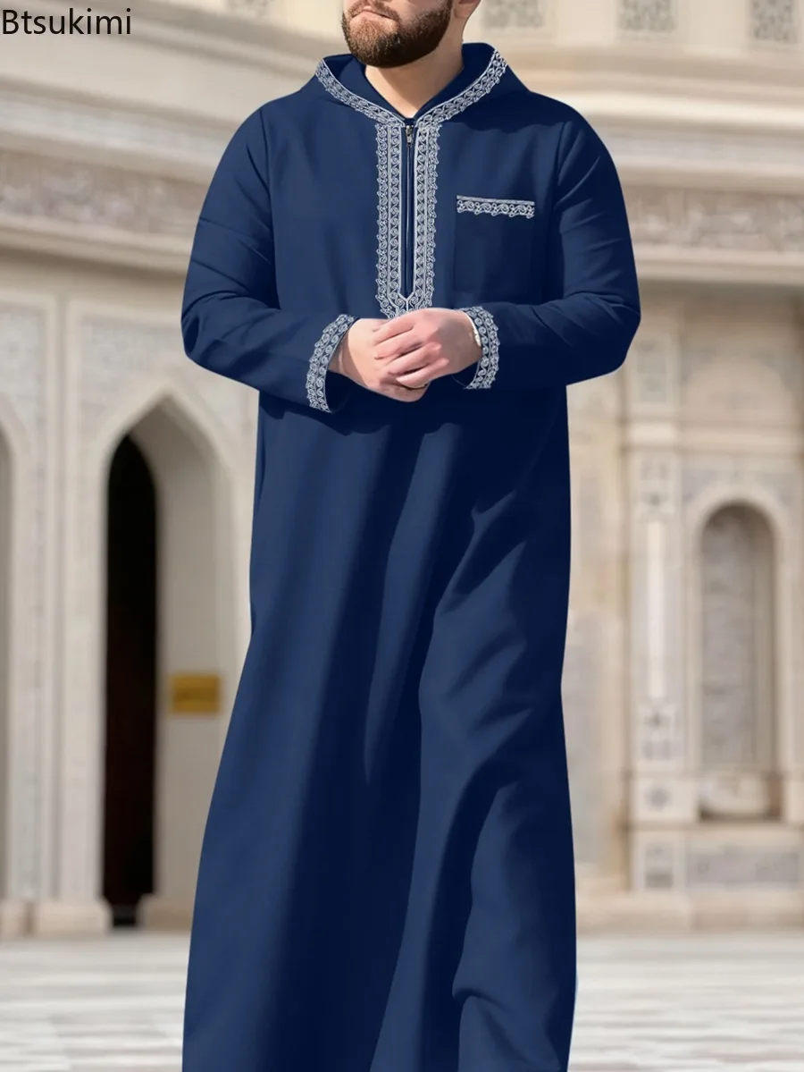 Moroccan Men Jubba Thobe Muslim Fashion Abayas Luxury Embroidered Hooded Design Arabic Islamic Clothing Loose Casual Robe Kaftan