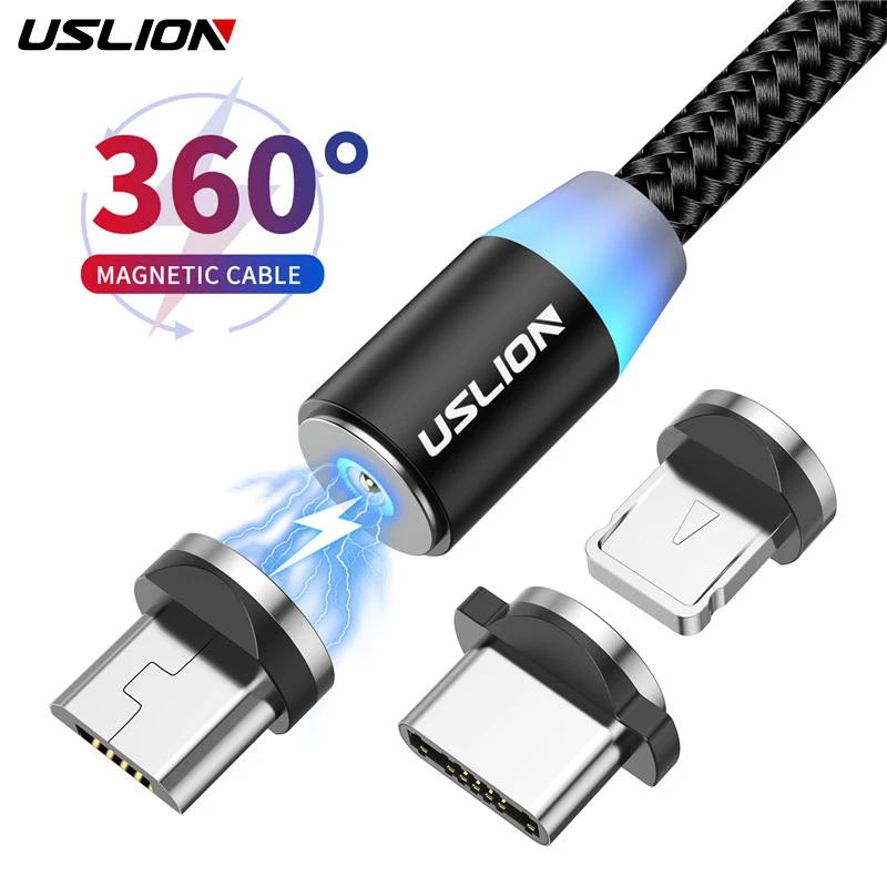 USLION 3 In 1 Magnetic USB Cable For iPhone 14 13 Xiaomi Samsung Type C Cable LED Fast Charging Data Charge Micro USB Cable Cord