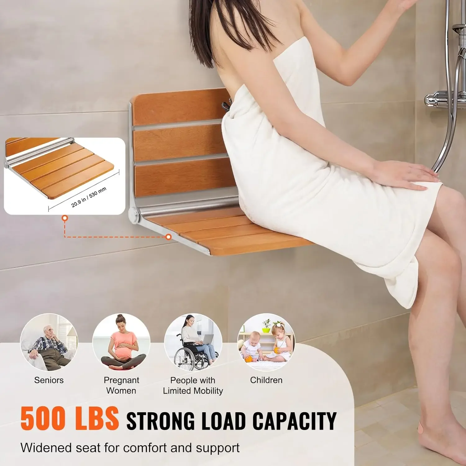 Folding Teak Shower Seat, 20.9 x 16'' Unfolded, Wall Mounted Fold Up Shower Bench with 500 lbs Load Capacity