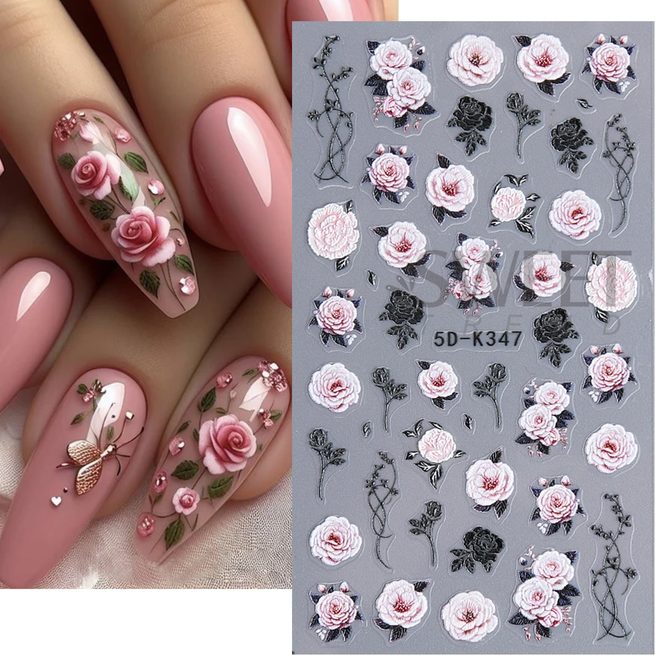 5D Embossed Nail Stickers Valentine‘s Day Red Rose Flower Self-Adhesive Sliders Decals Simple Ladies Manicure Decoration Foils