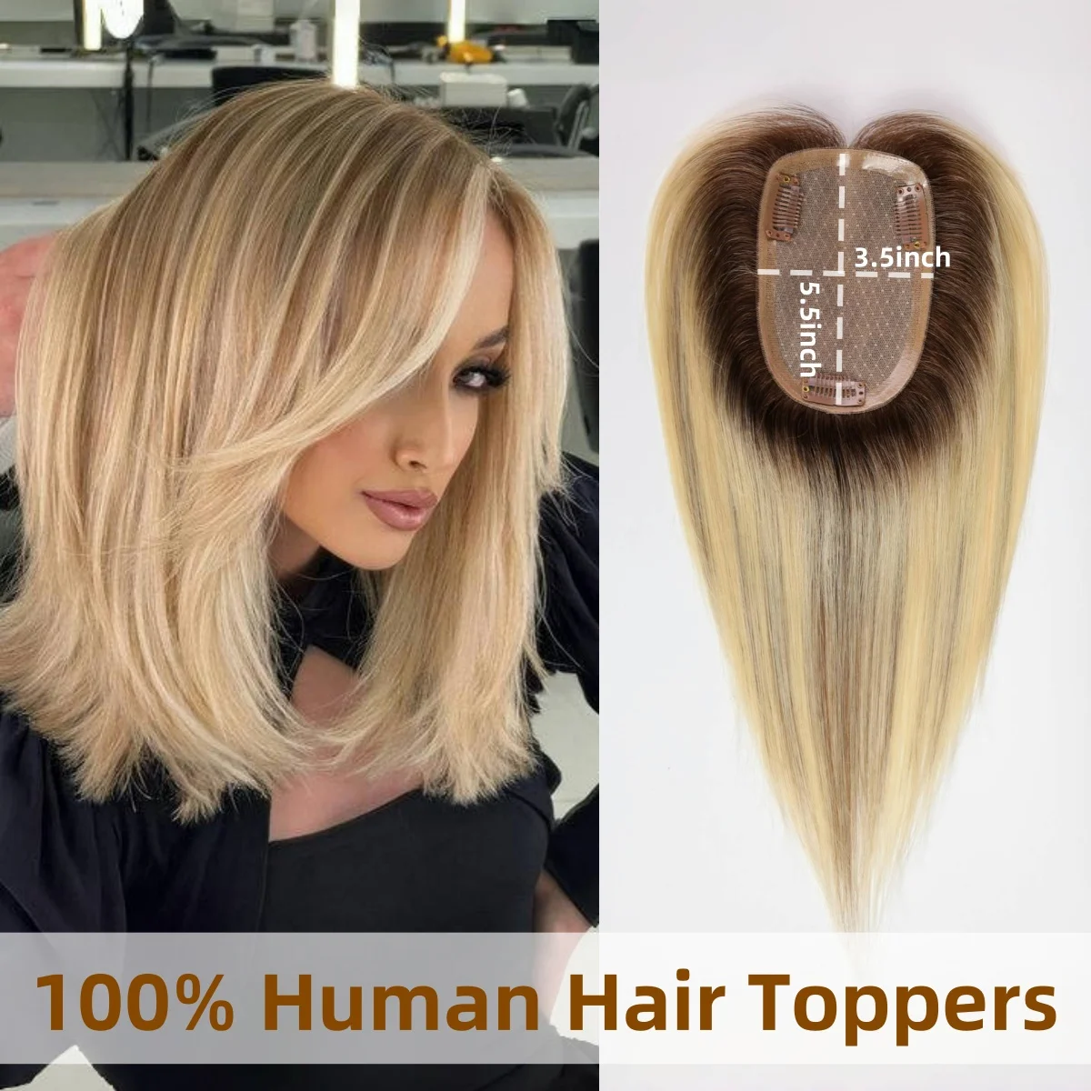 Ombre Blonde Brown Human Hair Toppers Middle Part Silk Base Clip in Hair Topper 12inch Remy Human Hair Extensions for Women Use