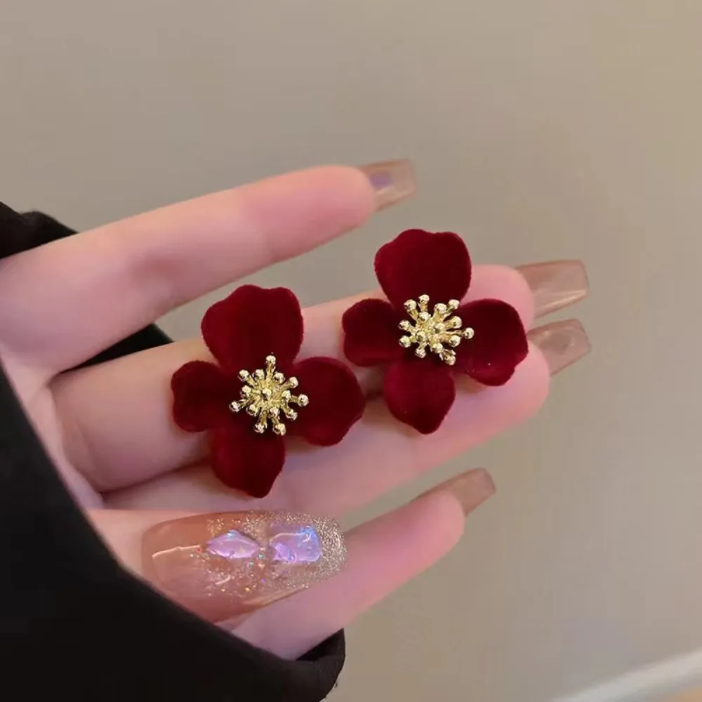 Fashion Flocking Sweet Solid Color Flower Earrings Accessories Flower Velvet Flower Earrings Decoration Velour Ear Stud