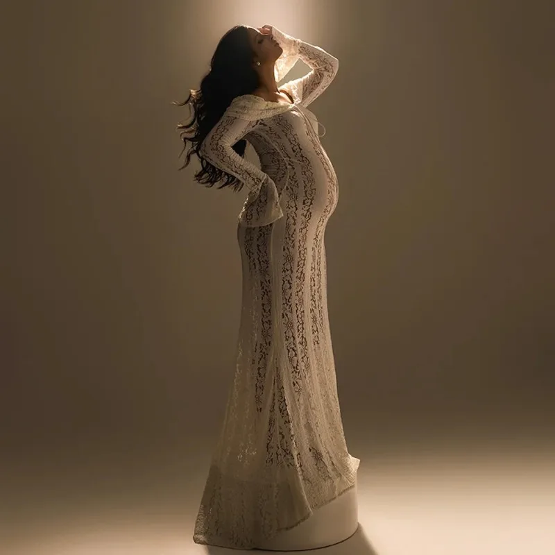 Ausgeschnittenes, elastisches, schulterfreies Kleid mit ausgestellten Ärmeln, Baby-Shower-Kleid, Fotografie-Kleid für Schwangere, Spitzen-Umstandskleid