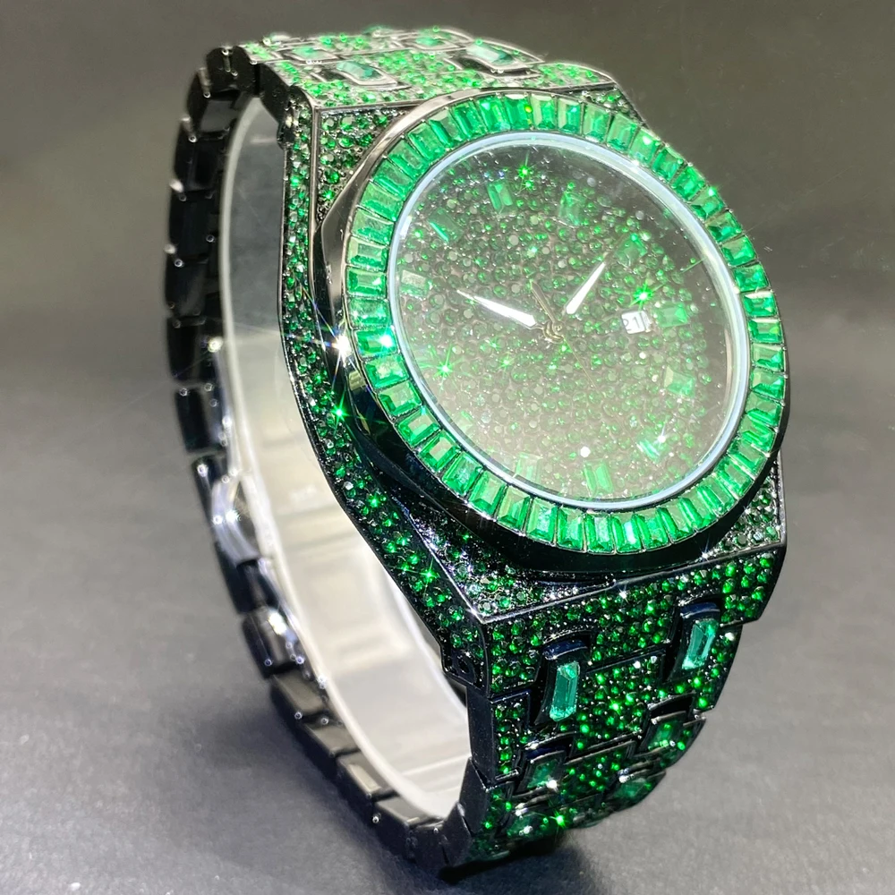 Men Quartz Watches Missfox Brand Baguette Diamond Luxury Green Wristwatch For Male Waterproof Calendar Hand Clock Dropshipping