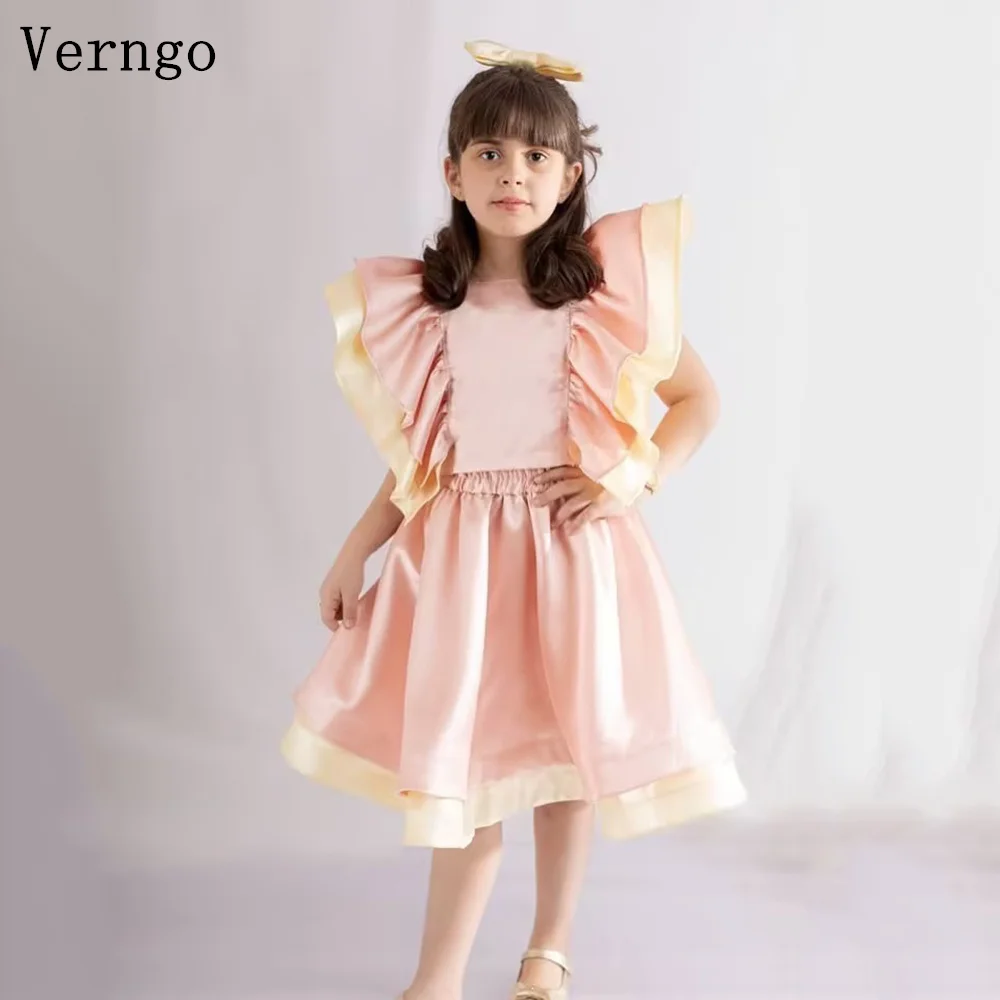 

Verngo Oragne Satin Princess Kid Birthday Party Dress O Neck Sleeveless A Line 2 Pics Girl Flowers Dress Customized