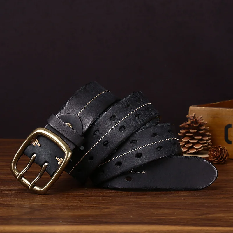 Retro Personalized Trendy Double Needle Brass Buckle Belt Men's Genuine Leather Cowhide Korean Version Casual Jeans Strap Belts