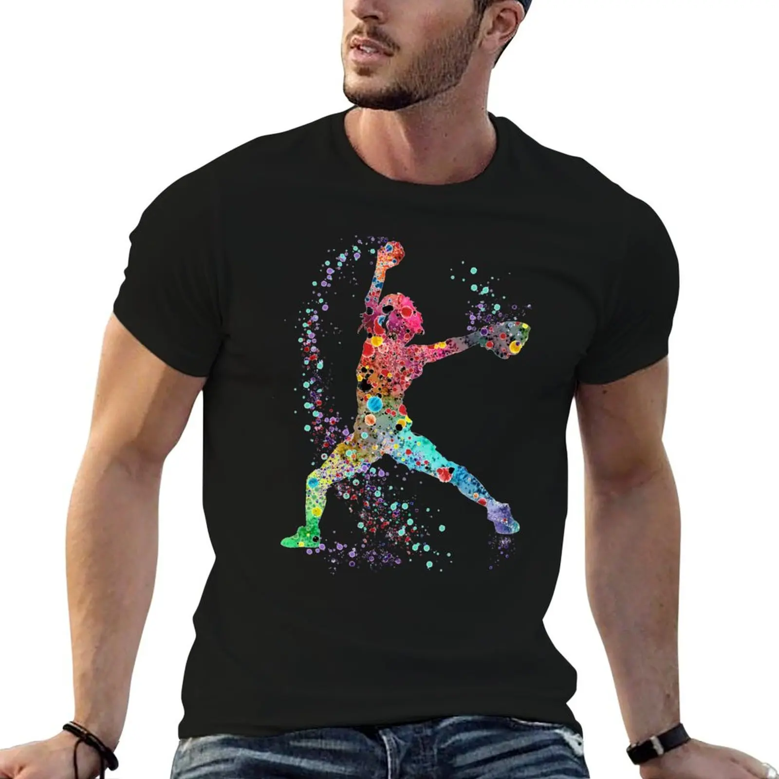 Girl Baseball Softball Pitcher Watercolor Painting Art Print T-Shirt korean fashion summer tops mens champion t shirts