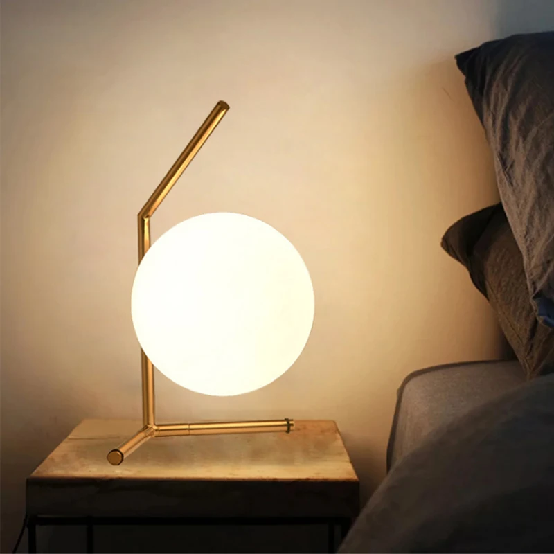 Postmodern Simple White Glass Ball Table Lamp Nordic Creative Bedroom Bedside E27 Dimmable Iron Deco Desk LED Lighting Fixture