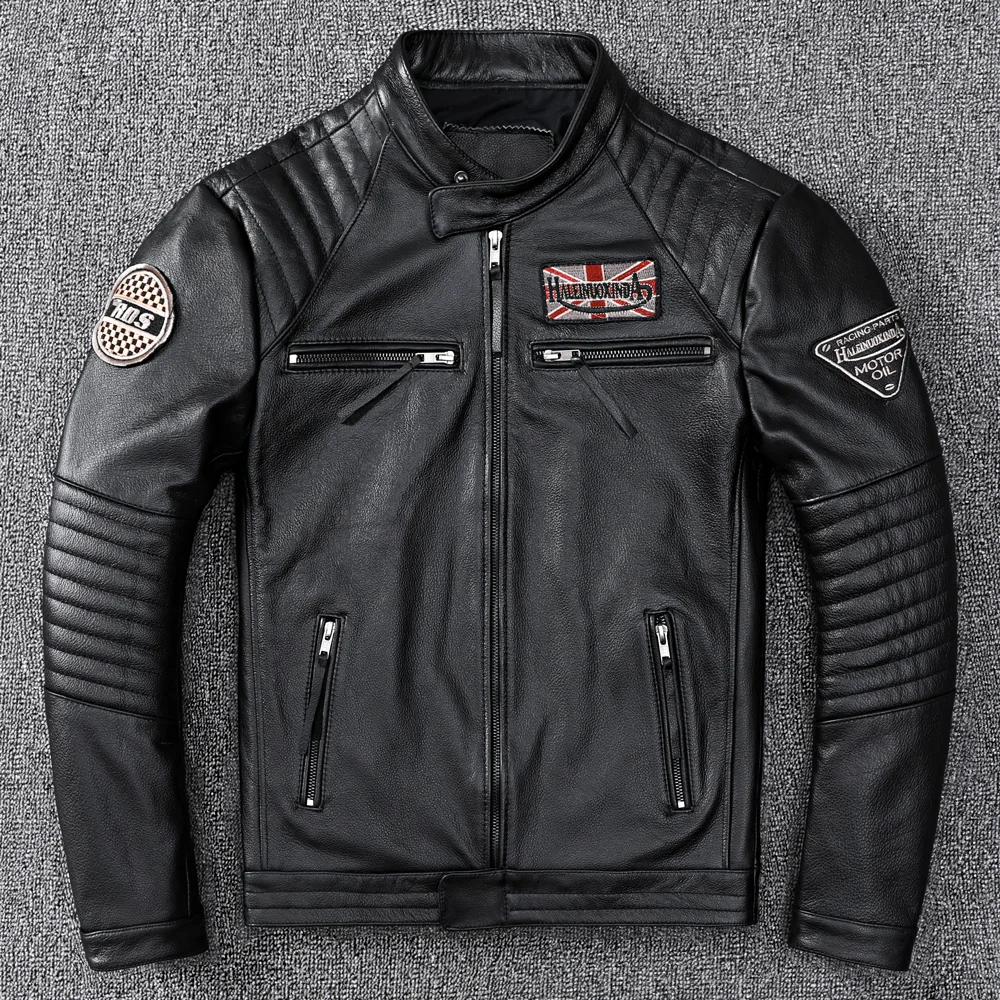 Locomotive Layer Cowhide Leather men's Motorcycle Suit  Short Youth Leather Jacket