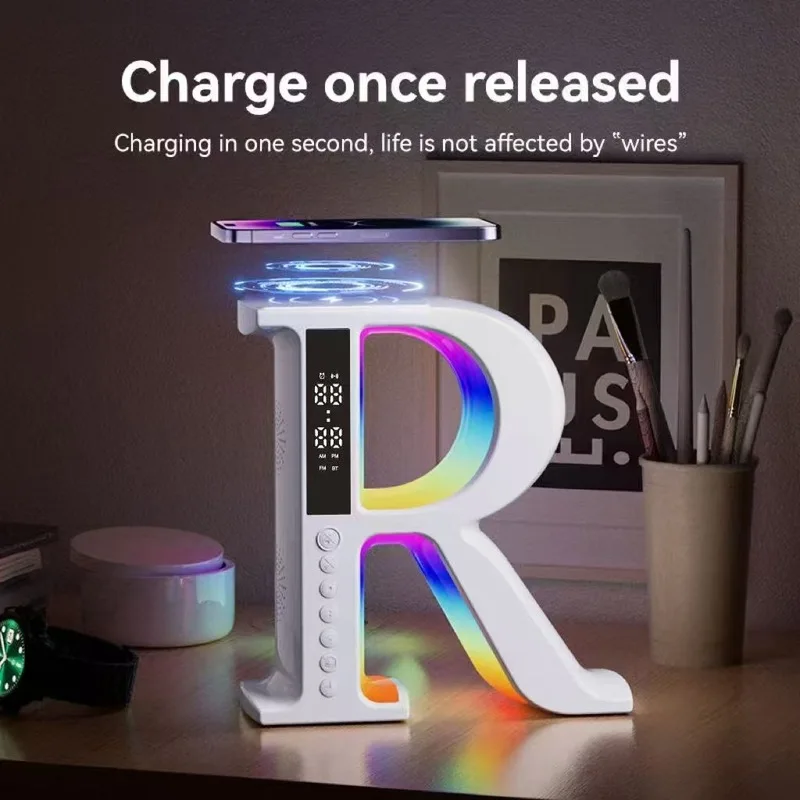 6-in-1 Wireless Charging Bluetooth Speaker Alarm Clock RGB Light 15W Fast Charger FM Radio Display Bedside Stand for Home Office
