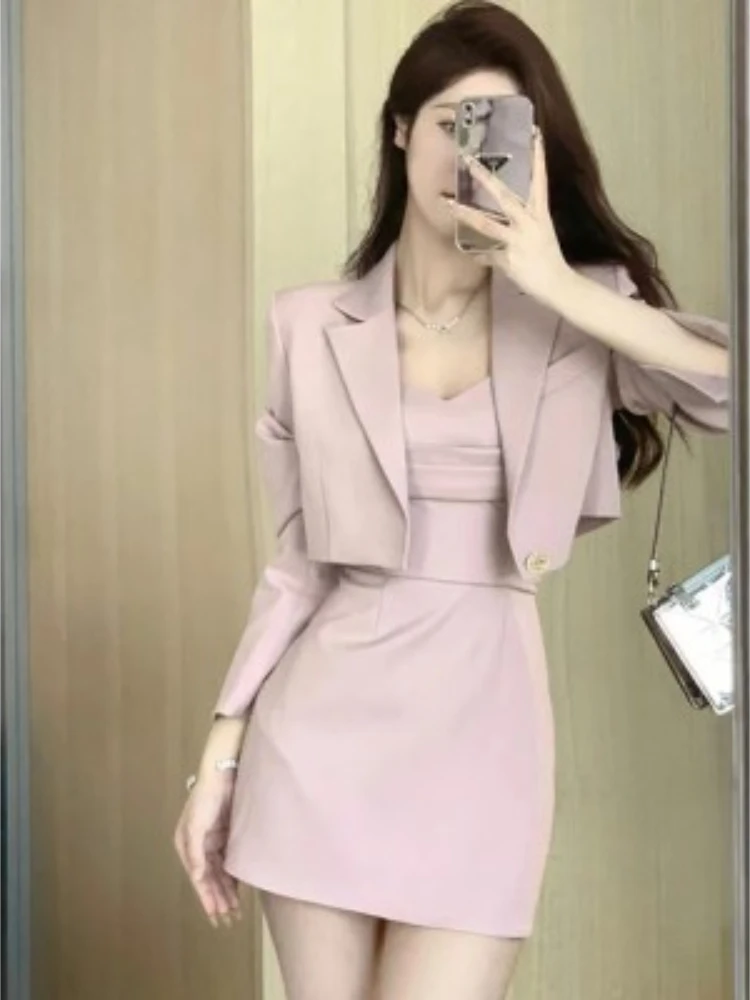 Korean Fashion Y2k Elegant Solid Mini Skirt Suit Women Casual Vintage Pink Long Sleeve Set Female Blazer Coat+Strap Dress 2024