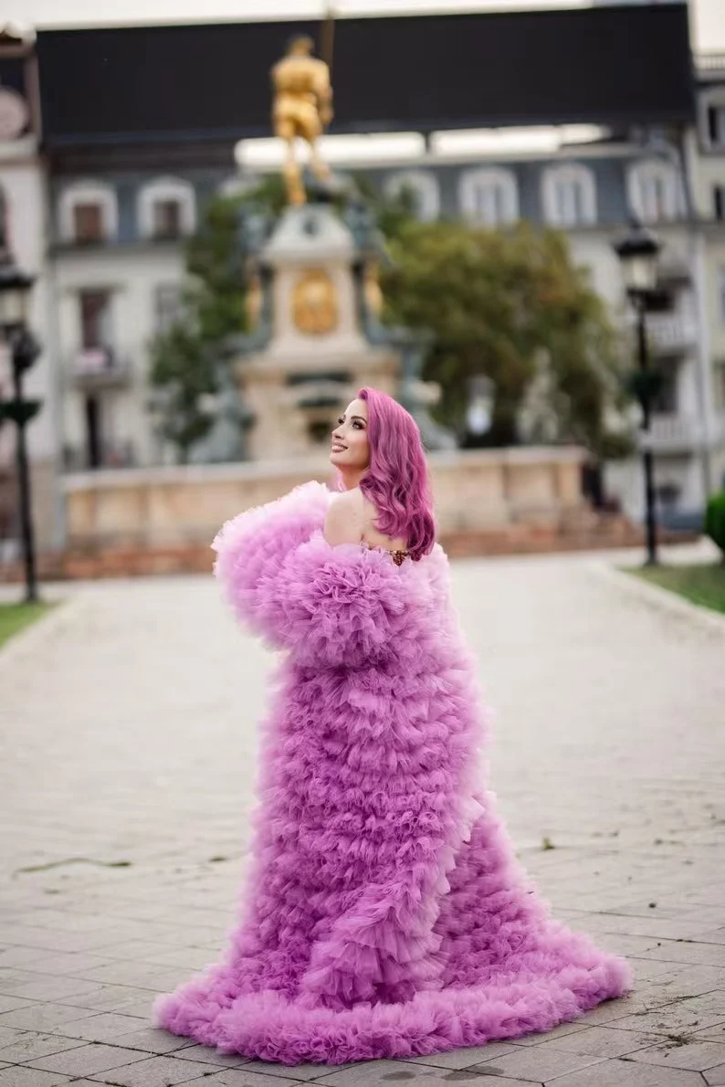 Lilac Tulle Long Women Jacket Full Sleeves Fluffy Ruffles Tiered Tulle Women Coat Open Front Long Robe Street Fashion