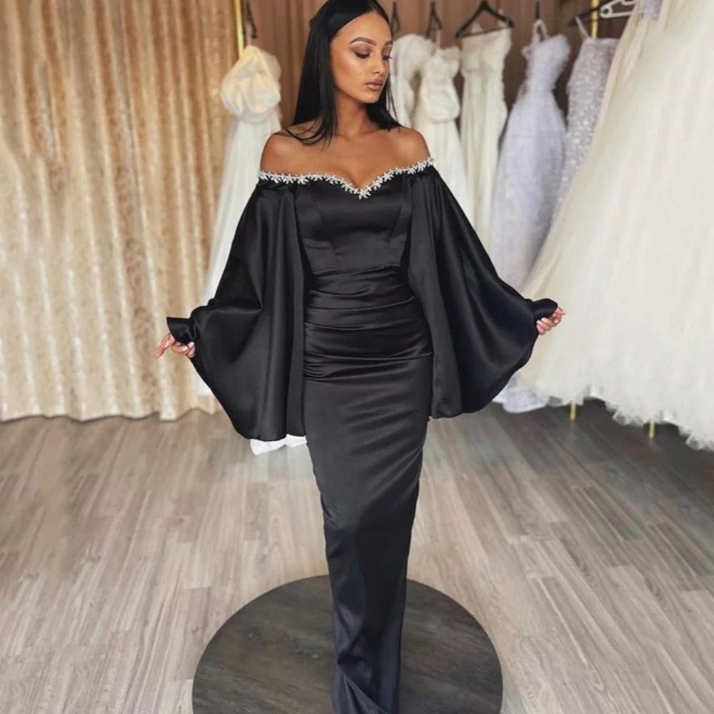 Elegant Prom Dresses Off Shoulder Sheath Party Gowns Strapless Formal Occasion Evening Dress Flare Sleeves Vestidos De Fiesta