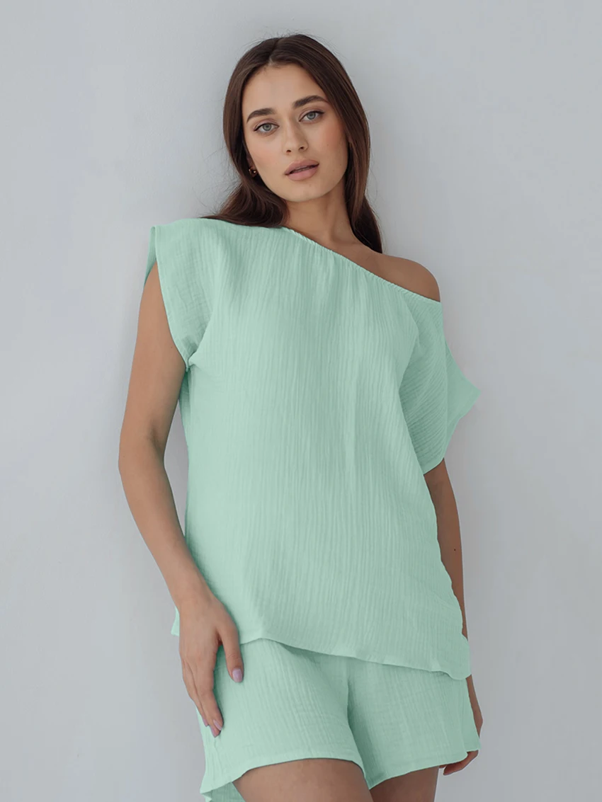 Marthaqiqi Summer Loose Ladies Nightwear Suit Short Sleeve Nightgown Sexy O-Neck Pajamas Shorts Casual Cotton Femme Home Clothes