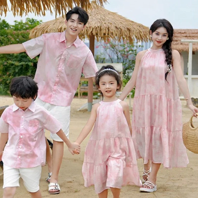 

2026 Family Parent-Child Matching Beach Dress Beautiful Long Skirts Matching Set Father And Son T-Shirt Cotton Korean Summer