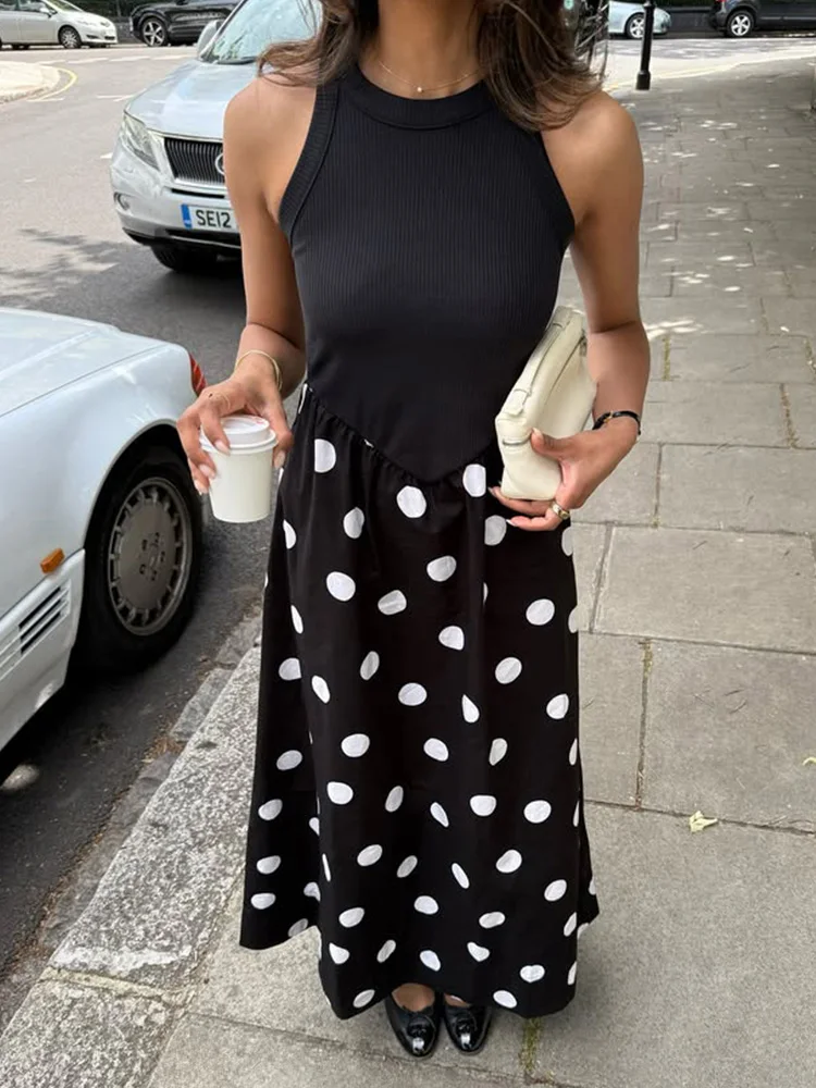 Tank Dot พิมพ์ชุด Maxi สําหรับผู้หญิงแฟชั่นเซ็กซี่แขนกุด O-คอ Streetwear ยาว Vestidos Robes หญิงสบายๆ