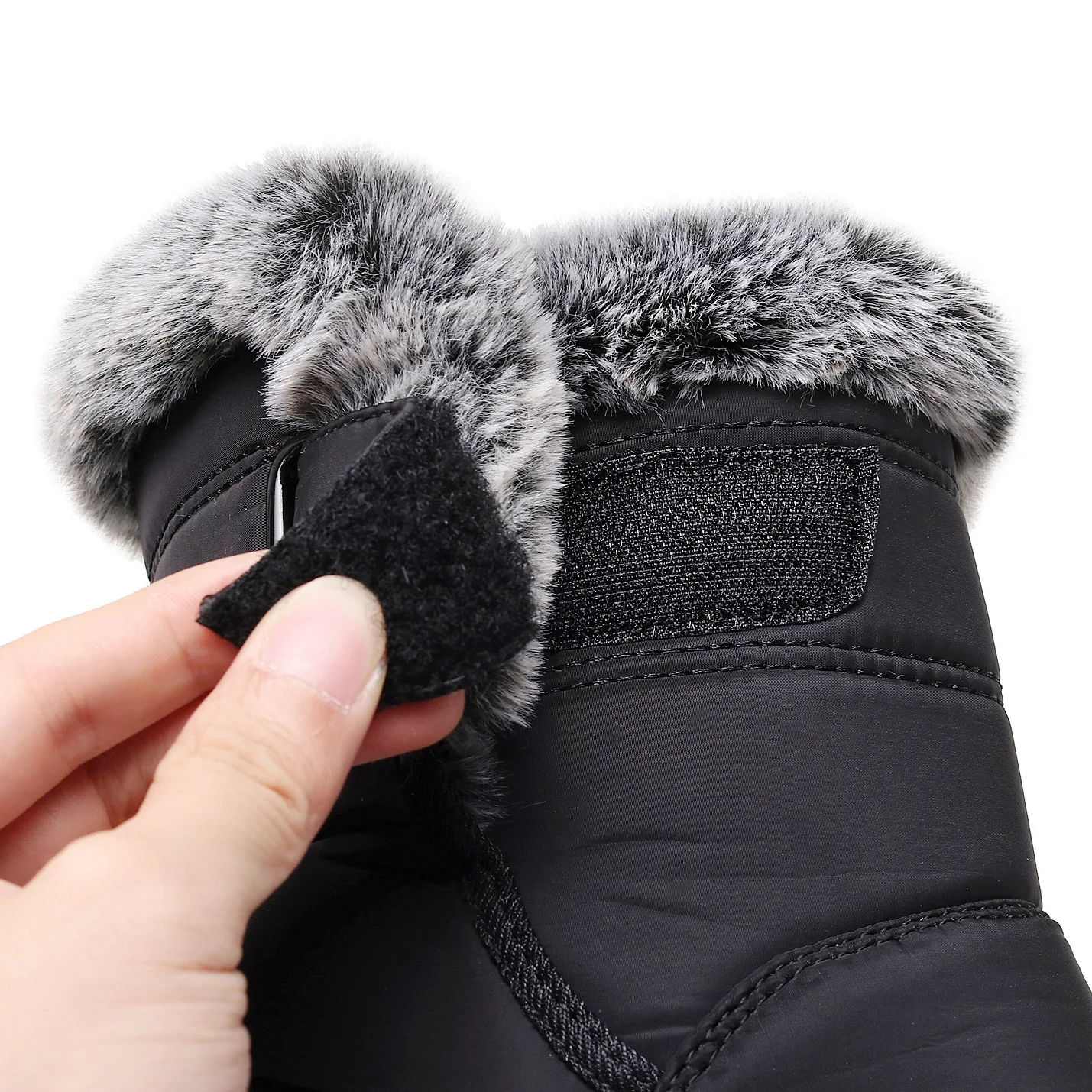 Damen-Winterstiefel bis zur Wadenmitte, wasserdicht, mit Kunstfell gefüttert, mit Klettverschluss, rutschfest, dicke Sohle, warme Outdoor-Stiefel für kaltes Wetter. – Detail 16