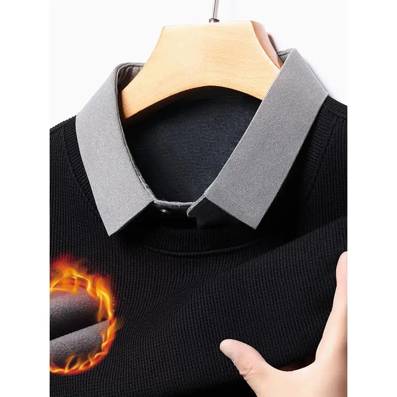 

Мужской трикотажный джемпер с воротником и флисовой подкладкой, приталенный, базовый слой, повседневный, с длинным рукавом, обеспечивает тепло и комфорт при носке