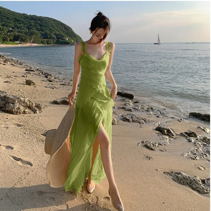 Vestido largo sexi de satén con espalda descubierta y abertura lateral para mujer, vestidos largos plisados con cuello en V a la moda, batas de playa para vacaciones y vacaciones M288