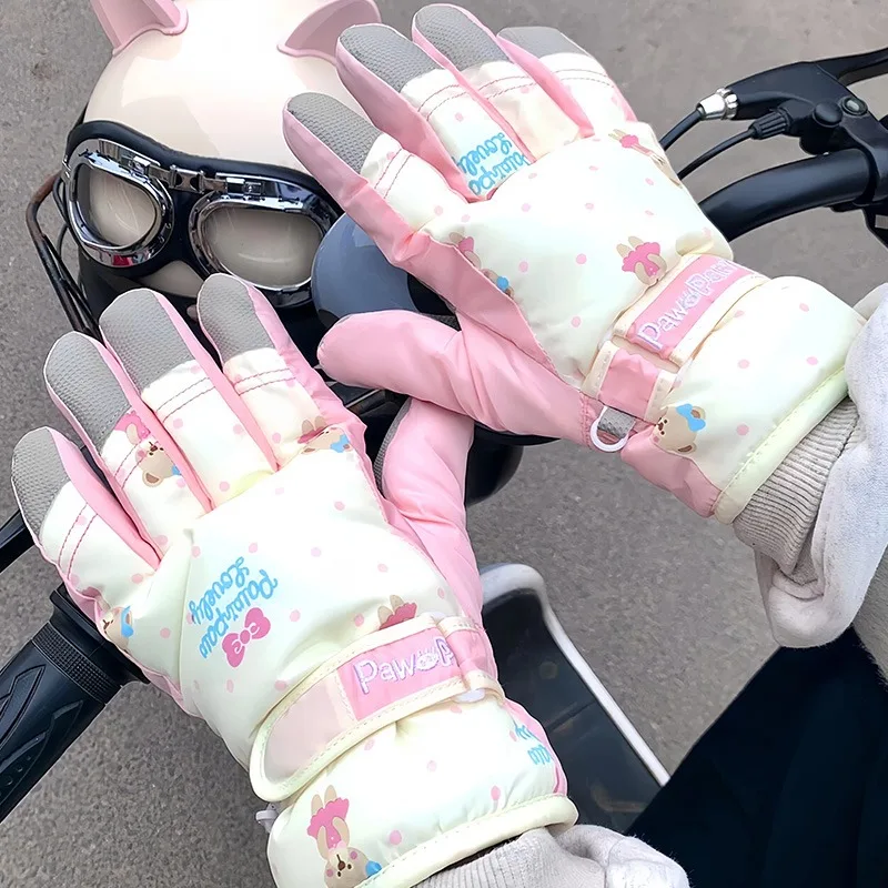 2025년 신상 겨울 터치스크린 스키 장갑 두꺼운 따뜻한 부드러운 장갑 방풍 방수 귀여운 핑크 곰 장갑 라이딩 장갑