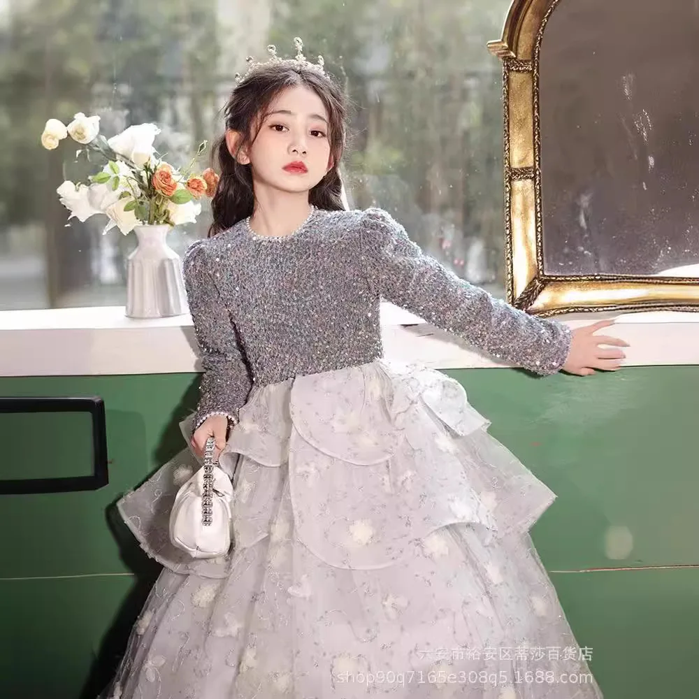 

It's Yiiya Индивидуальные платья для девочек-цветочниц Серые блестки Скромный круглый вырез с длинными рукавами и оборками Детские платья принцессы длиной до пола T090