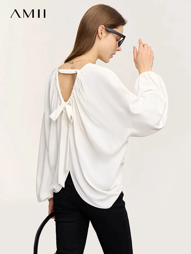 Amii Minimalism French Chiffon Shirts For Women 2024 Spring New V-neck Tie Lantern Sleeve Loose Backless Fashion Blouse 12441014