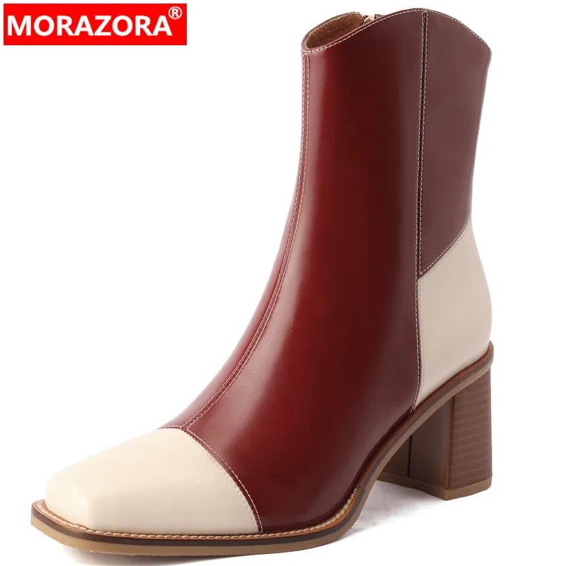 

MORAZORA 2022 New Arrive Mixed Colors Thick High Heels Shoes Genuine Leather Winter Women Boots Zipper Ankle Boots