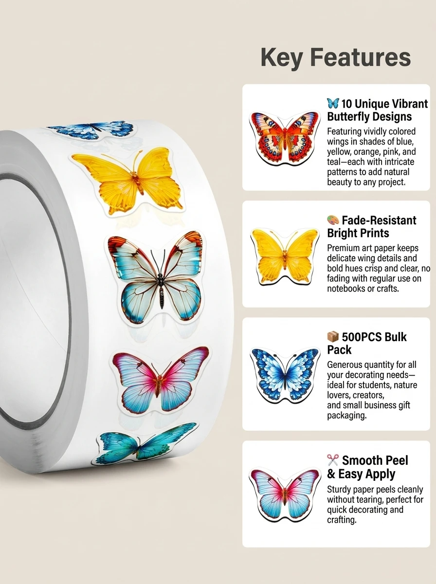 1Roll(500Pcs) Colorful Butterfly Stickers 2.5cm/1.0'' 10 Designs Decals Diy Adorn Gifts Packaging Home Decoration Sealing Labels