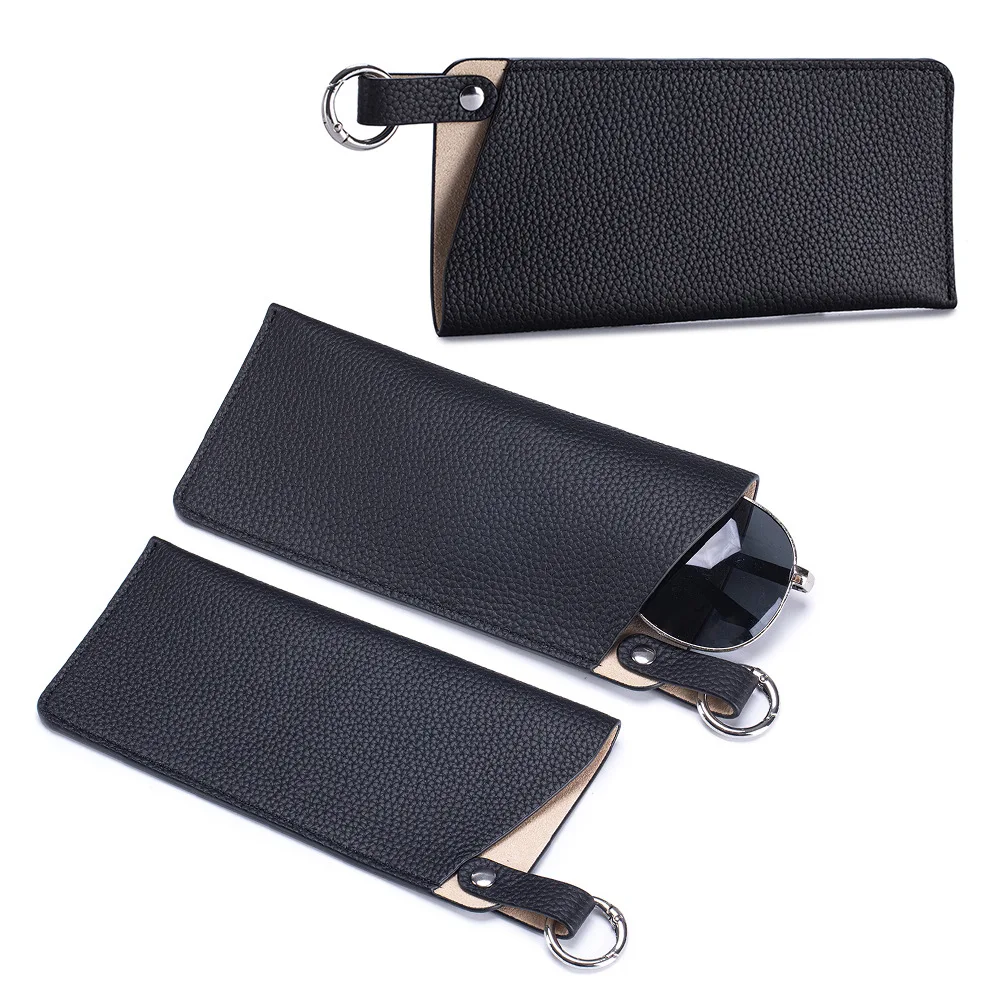 Travel Friendly Genuine Leather Eyeglasses Pouch,Soft Slim Top Grain Cowhide Sunglasses Bag with Hanging Hook for Purse Backpack