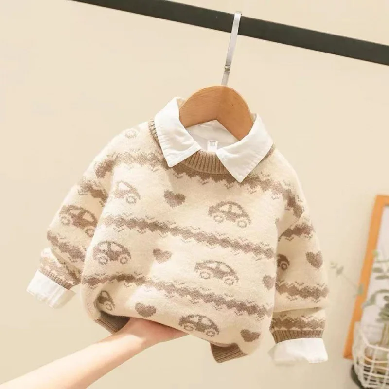 

Boys Sweater Wool Coat Kids Tops Knitting 2024 Lasted Spring Autumn Plus Thicken Cottons Pullover Teenagers Children's Clothing