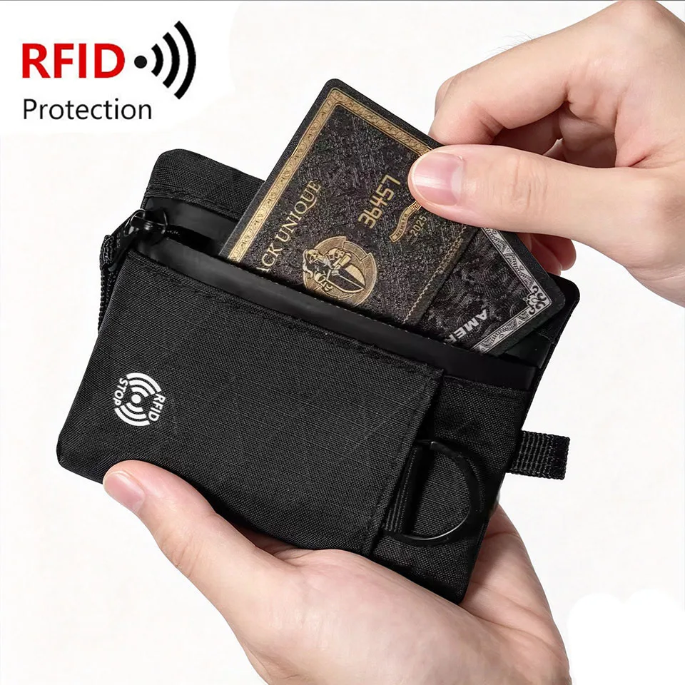 RFID Blocking Slim Travel Wallet with Carabiner, X-Pac Waterproof Mini Coin Purse Casual Card Holder Clutch Bag for Men/Women