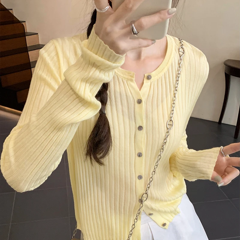 Solid Color Knitted Cardigan Women Korean Single Breasted Long Sleeve Tops Fashion Round Neck All Match Sweater