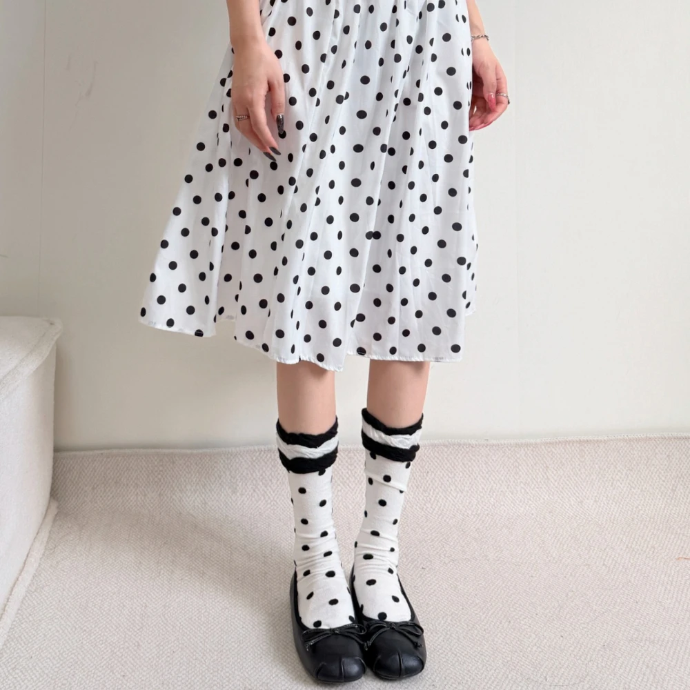 Autumn Women Gray Tone Polka Dot Spliced Slouch Socks Ruffle Vintage Color Block Ins Short Socks Daily Shopping Outdoor Socks