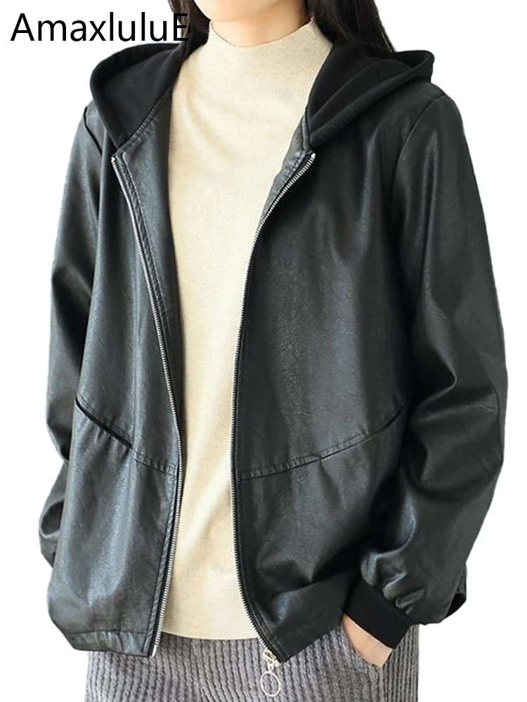 

Amax luluE New 2025 Korean Fashion Outerwear Womens Loose Vintage Hooded Faux Leather Jacket Luxury Fall Clothes Biker PU Coats