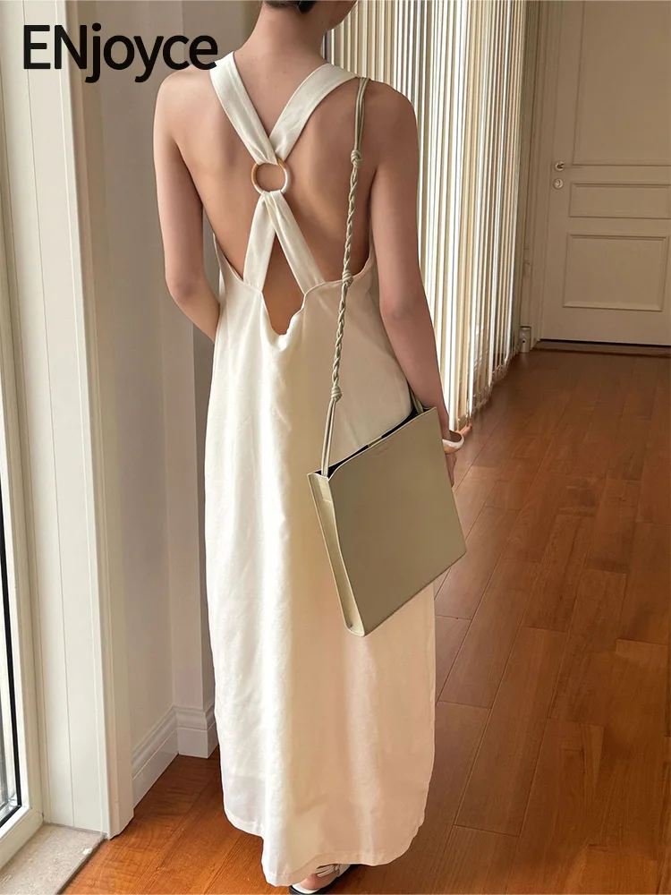 

2024 Summer French Vacation Style Romantic Sleeveless Backless Dress Women Smooth A-Line Long Dresses Awayday Outifits