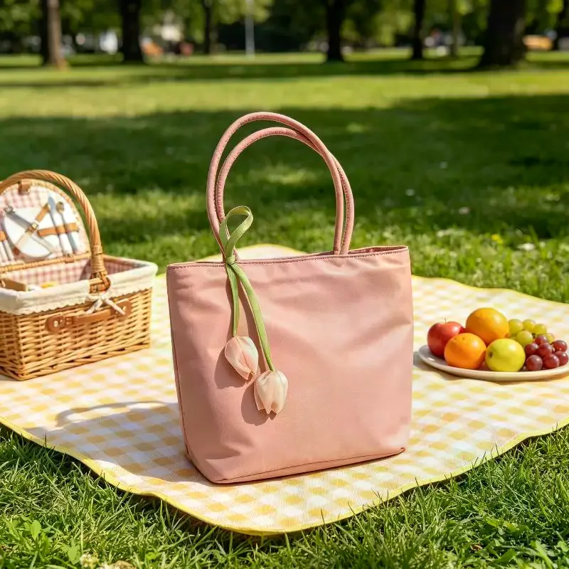 Casual Nylon Shoulder Tote Bag Lovely Tulip Pendant Lightweight Large Capacity Women Handbag for Commute Grocery Shopping